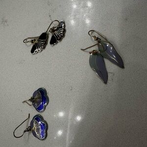 Laurel Burch Black, purple and Blue Artistic Earrings. Set of 3 pairs.